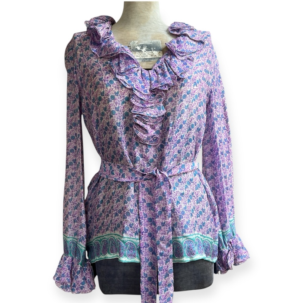 Vintage 70s Judith Ann Creations Indian Silk Belted Ruffle Blouse